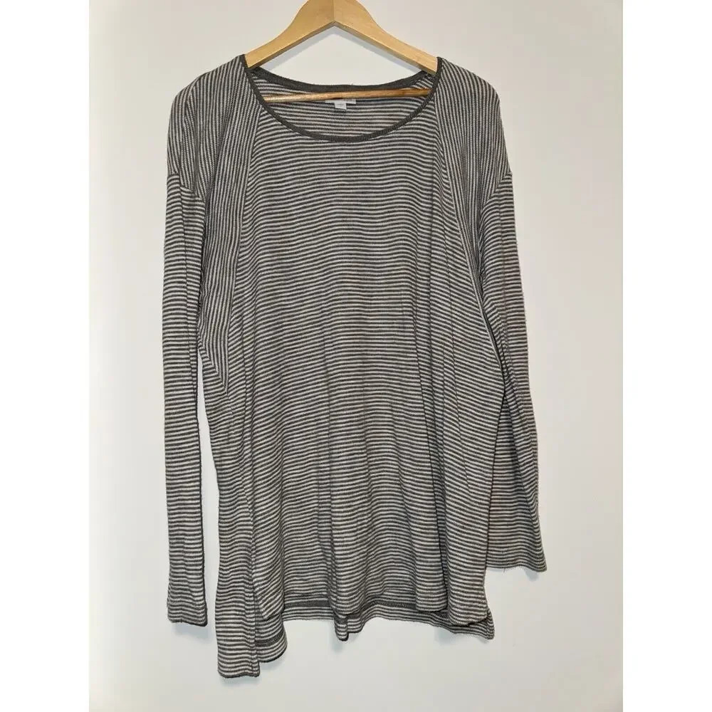 J Jill Textured Knit Tunic Gray Stripe Long Sleeve Sweater Top Hi Low Hem LARGE
